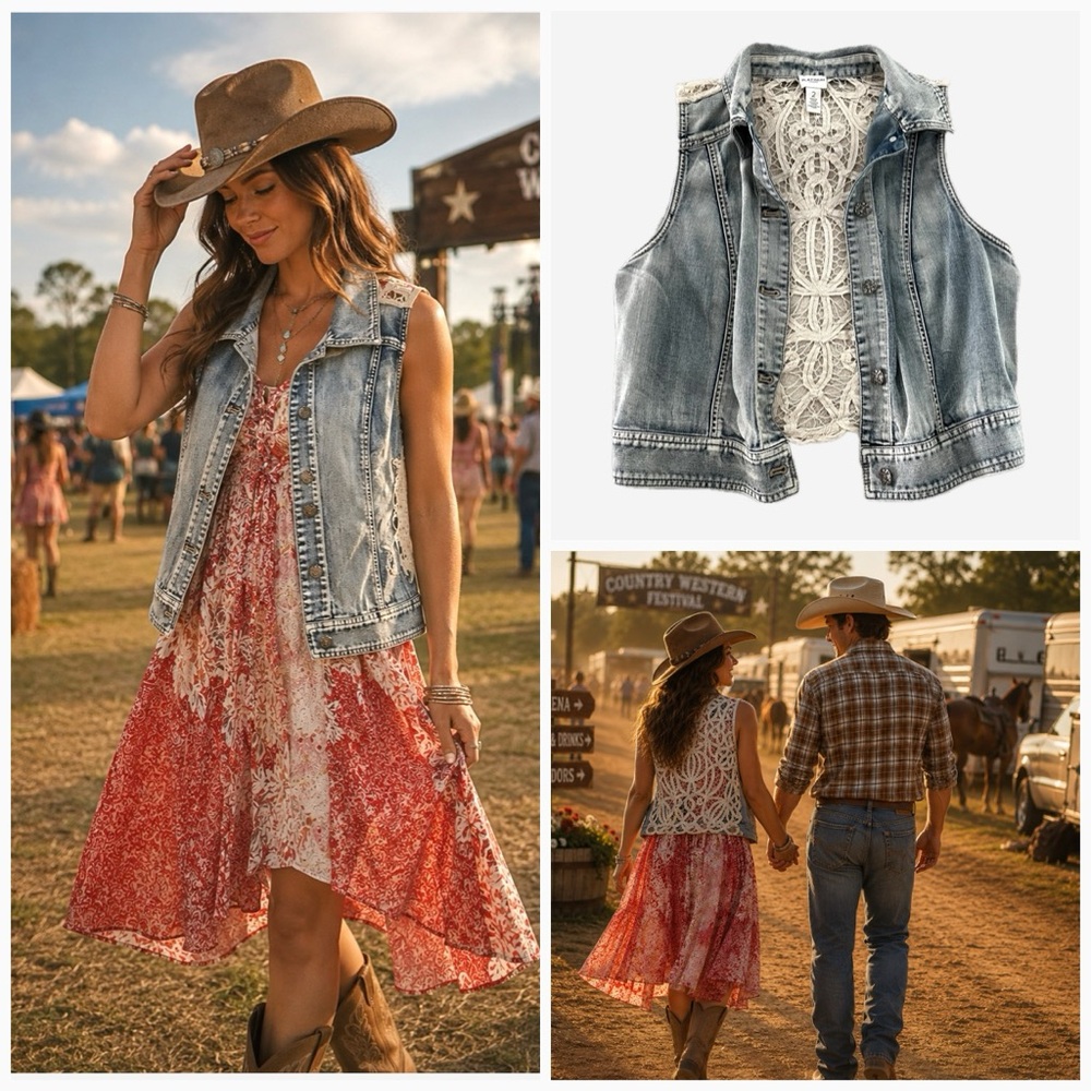 Chicos Platinum Lace Back Denim Vest Crochet Boho Western Festival Woman's Sz 2